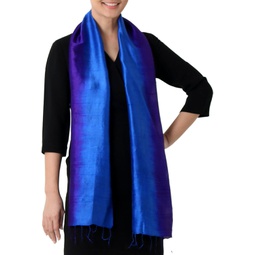 NOVICA Handmade Silk Scarf Woven in Purple Blue from Thailand Accessories Scarves Wrap Solid Spring Shimmer