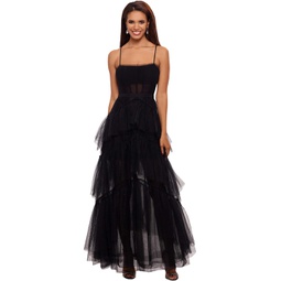 Womens Betsy & Adam Long Corset Tiered Mesh Illusion Gown