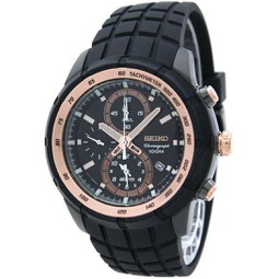 Seiko Mens Chronograph Watch SNAD88 Alarm, Date, Tachymeter, Rose Gold & Black Stainless Steel, Rubber Strap by Seiko Watches