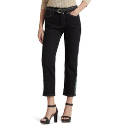 LAUREN Ralph Lauren Beaded High-Rise Straight Cropped Jeans in Black Rinse Wash