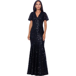 Womens XSCAPE Short Sleeve V-Neck Dress with Sequins