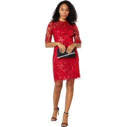 Womens Maggy London Short Sequin Dress with Mid Length Flare Sleeves and High Neckline