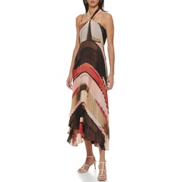 Womens DKNY Sleeveless Print Chiffon Pleated Halter Dress