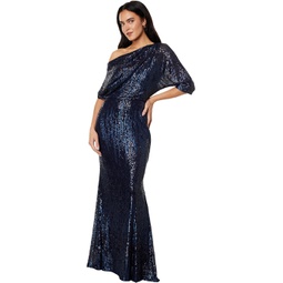 Womens Betsy & Adam Long 3/4 Sleeve Off-the-Shoulder Sequin Dress