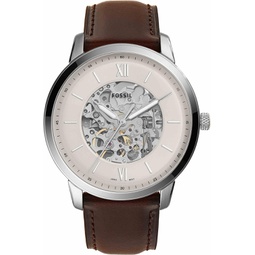 Fossil Mens Neutra Automatic Stainless Steel and Leather Three-Hand Skeleton Watch, Color: Silver, Brown (Model: ME3184)