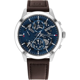 Tommy Hilfiger Mens Multifunction Stainless Steel and Leather Strap Watch, Color: Blue (Model: 1710476)