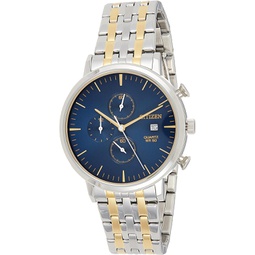 Citizen Stainless Steel Watch, Round Blue Dial Mens, Two Tone (Silver/Gold) Case and Band with Chronograph and Date Display, AN3614-54L