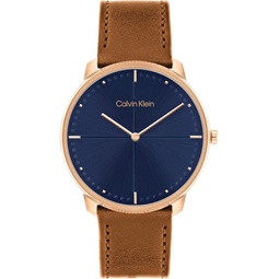 Calvin Klein UnisexQuartz Ionic Plated Carnation Gold Steel Case and Leather Strap Watch, Color: Brown (Model: 25200154)