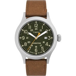 Timex Mens Expedition Scout 40mm Watch  Silver-Tone Case Green Dial with Brown Leather Strap