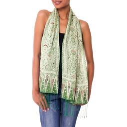 NOVICA Artisan Handmade Silk Batik Scarf Floral Green Indonesia Accessories Scarves Patterned Desert Sage Royal Java Green