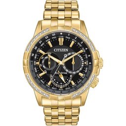 Citizen Mens Eco-Drive Classic Calendrier Watch in Gold-Tone Stainless Steel, Diamonds, Black Dial (Model: BU2082-56E)