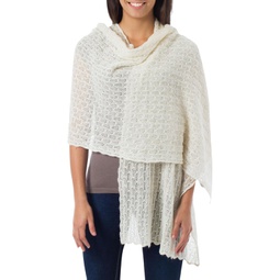 NOVICA Artisan Handmade Alpaca Blend Shawl Pure Wool from Peru White Accessories Solid [75in L x 21.75in W] Muse