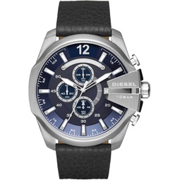 Diesel Mens Mega Chief Quartz Stainless Steel and Leather Chronograph Watch, Color: Silver-Tone, Black (Model: DZ4423)