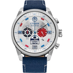 Citizen Mens Eco-Drive Star Wars R2-D2 Chronograph Stainless Steel Watch with Cordura Strap, Silver Dial (Model: CA4219-03W)