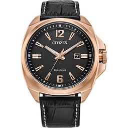 Citizen Mens Sport Luxury Edicott Rose Gold Stainless Steel Case with Black Leather Strap Watch, Black Dial (Model: AW1723-02E)