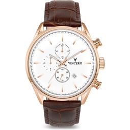 Vincero Luxury Mens Chrono S Wrist Watch - Top Grain Italian Leather Watch Band - 43mm Chronograph Watch - Japanese Quartz Movement… (Rose Gold/White)