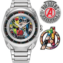 Citizen Mens Eco-Drive Marvel Avengers Silver Stainless Steel Watch and Pin Gift Set, Avengers 60th Anniversary (Model: AW2080-64W)