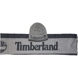 Timberland Men`s Logo Jacquard Scarf and Reversible Beanie 2 Piece Set