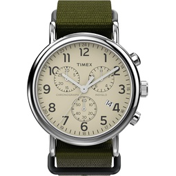 Timex Mens Weekender Chronograph 40mm Watch  Silver-Tone Case Cream Dial with Green Fabric Slip-Thru Strap