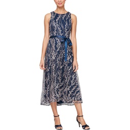 Alex Evenings Midi Length Embroidered Dress with Satin Tie Belt
