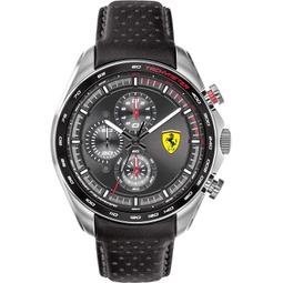 Ferrari Scuderia Speedracer Quartz Stainless Steel and Black Leather Strap with Grey Leather Details Casual Watch, Color: Black (Model: 0830648)
