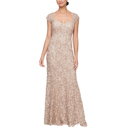 Alex Evenings Long Soutache Embroidered Dress with Sweetheart Neckline