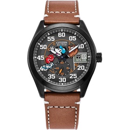 Citizen Mens Eco-Drive Disney Mickey Mouse Baseball Watch, Black IP Stainless Steel with Brown Leather Strap.43mm (Model: BV1089-05W)