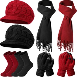 8 Pcs Women Winter Warm Knit Hat Scarf Sock Touchscreen Gloves Set Snow Ski Caps with Visor Knit Scarf and Glove Womens Calf Socks for Outdoor Gift Snow Sport Accessories, Wine Red