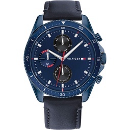 Tommy Hilfiger Mens Qtz Multifunction Stainless Steel and Leather Strap Casual Watch, Color: Blue (Model: 1791839)