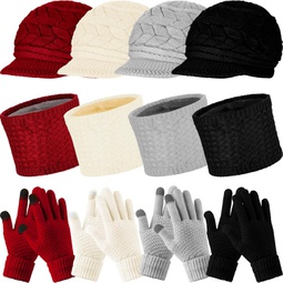 12 Pieces Winter Hat Gloves Scarf Set Warm Knit Hat Snow Ski Caps with Visor Neck Warmer Circle Scarves Touch Screen Mittens