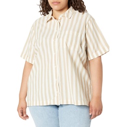Womens Madewell Plus Signature Poplin Short-Sleeve Button-Down Shirt in Leray Stripe