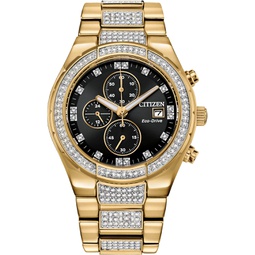 Citizen Mens Eco-Drive Classic Chronograph Crystal Watch in Gold-Tone Stainless Steel, Black Dial (Model: CA0752-58E)