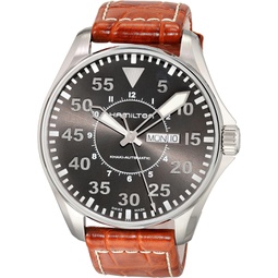 Hamilton Watch Khaki Aviation Pilot Day Date Swiss Automatic Watch 46mm Case, Grey Dial, Brown Leather Strap (Model: H64715885)