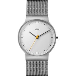 Braun Mens Slim 3-Hand Analogue Quartz Watch, White Dial and Steel Milanese Mesh Strap, 38mm Stainless Steel Case, Model BN0211WHSLMHG.