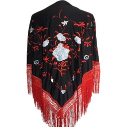 La Senorita Spanish Flamenco Dance Shawl Black with red and white flowers