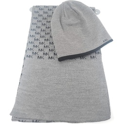 Michael Kors Mens Reversible Logo 2-Piece Scarf and Hat Set,Grey/Black