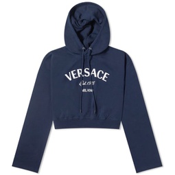 Versace Cropped Hoodie With Front Logo Navy Blue & White