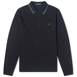 Fred Perry Long Sleeve Twin Tipped Polo Black, Cyber Blue & Uniform Green