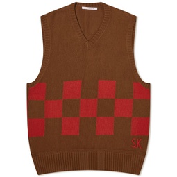 s.k manor hill Checkered Knit Vest Brown & Red