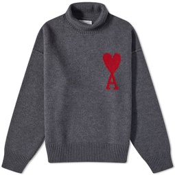AMI Paris Large A Heart Roll Neck Knit Heather Grey & Red