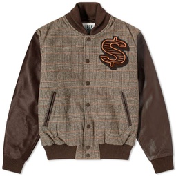Billionaire Boys Club Leather Sleeve Varsity Jacket Brown Check
