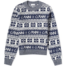 GANNI Logo Wool Mix O-Neck Pullover Sky Captain
