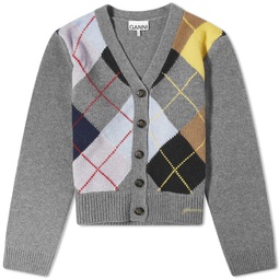 GANNI Harlequin Wool Mix Knit Cardigan Frost Gray