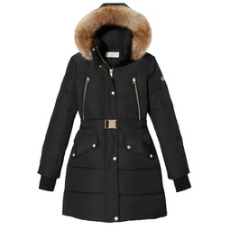 womens belted faux fur 3/4 length puffer coat in black