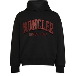 hooded with red glitter logo pullover cotton sweatshirt in black