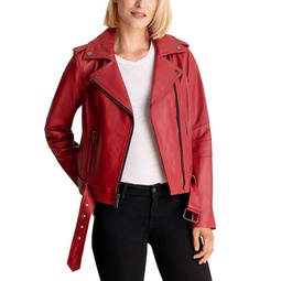 moto belted zip up leather jacket in scarlet