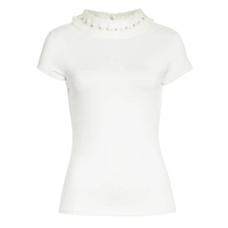yhenni fitted embellished jewel neck short sleeve top in ivory