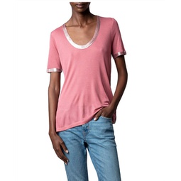 tino foil scoop neck tee shirt in vieux rose