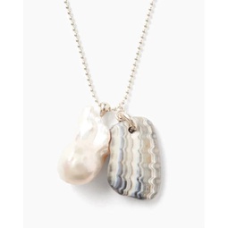 fossilized shell & pearl charm necklace in silver