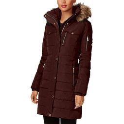 3/4 down puffer faux fur hooded coat in chocolate brown